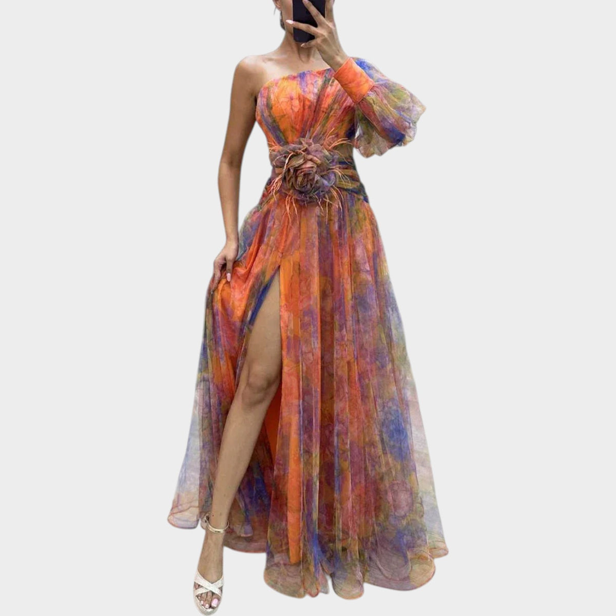 Women’s One-Shoulder Maxi Dress with Sheer Overlay, Floral Print and High Side Slit