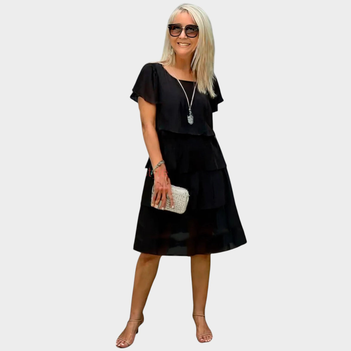 Women’s Layered Chiffon Midi Dress with Short Sleeves