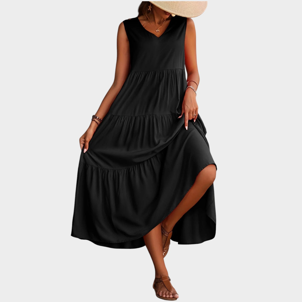 Women’s V-Neck Maxi Dress with Sleeveless Design and Tiered Skirt
