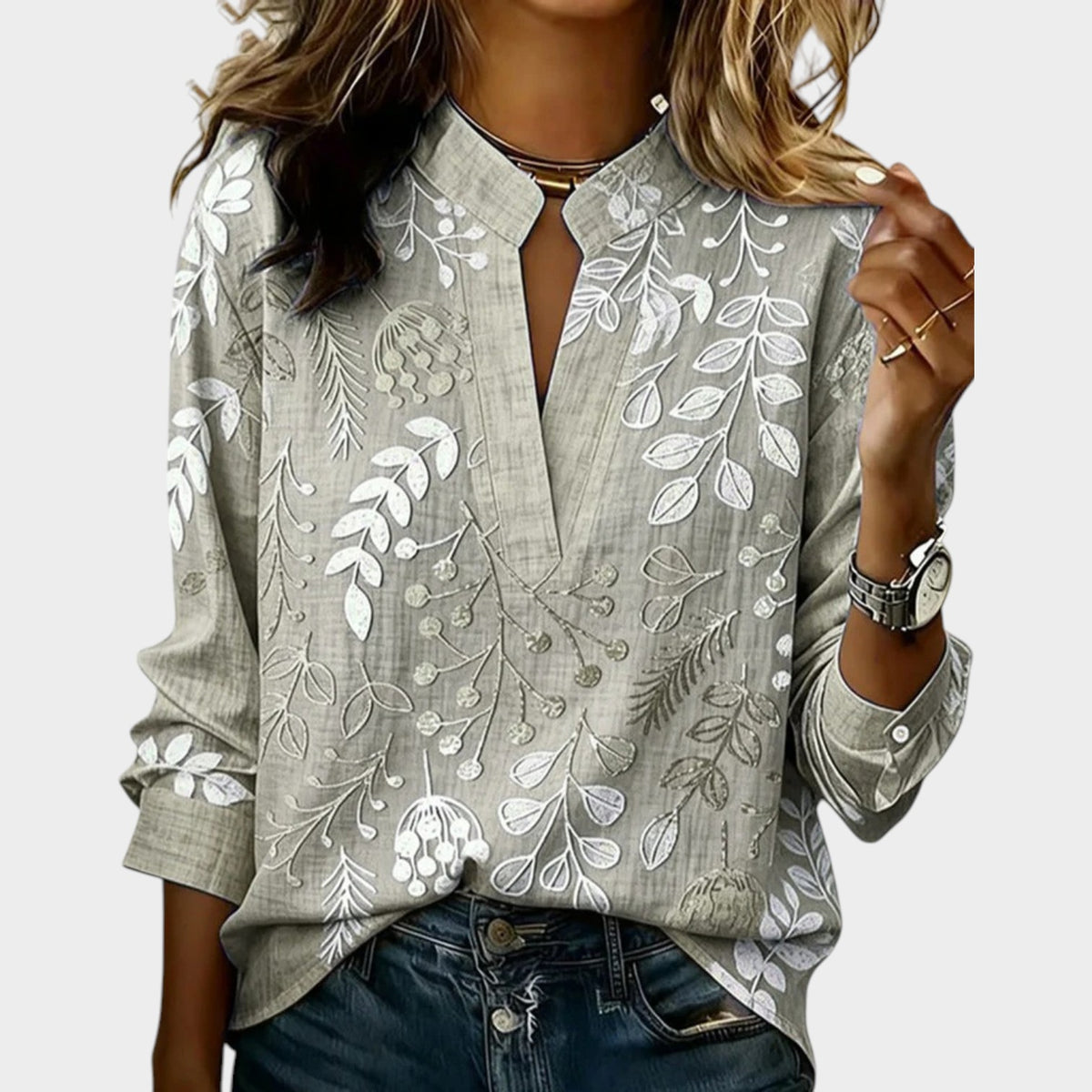 Women’s Floral Blouse with V-Neck and Long Sleeves