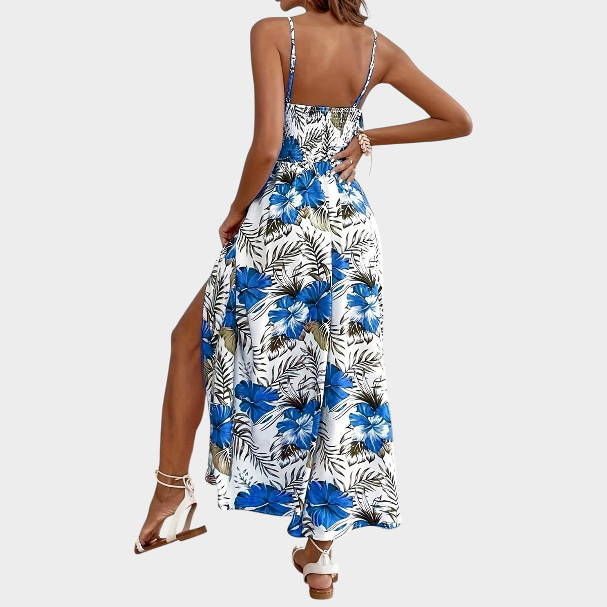 Women’s Floral Maxi Dress with Spaghetti Straps, Crochet Waist and Side Slit