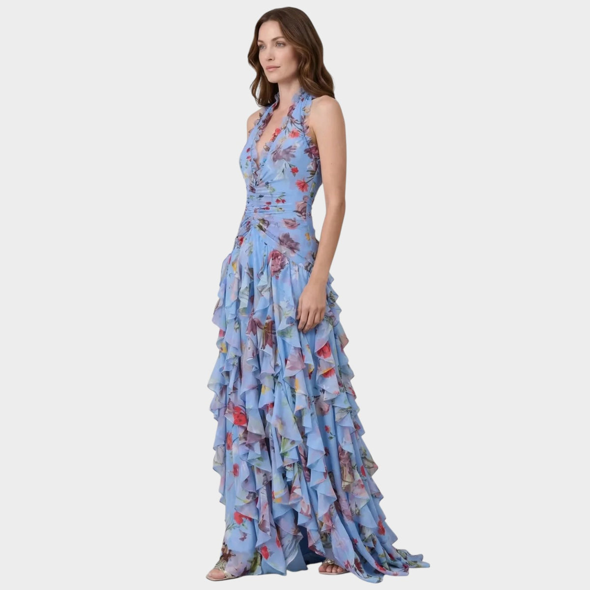 Women’s Floral Halter Neck Maxi Dress with Ruched Waist and Layered Ruffle Skirt