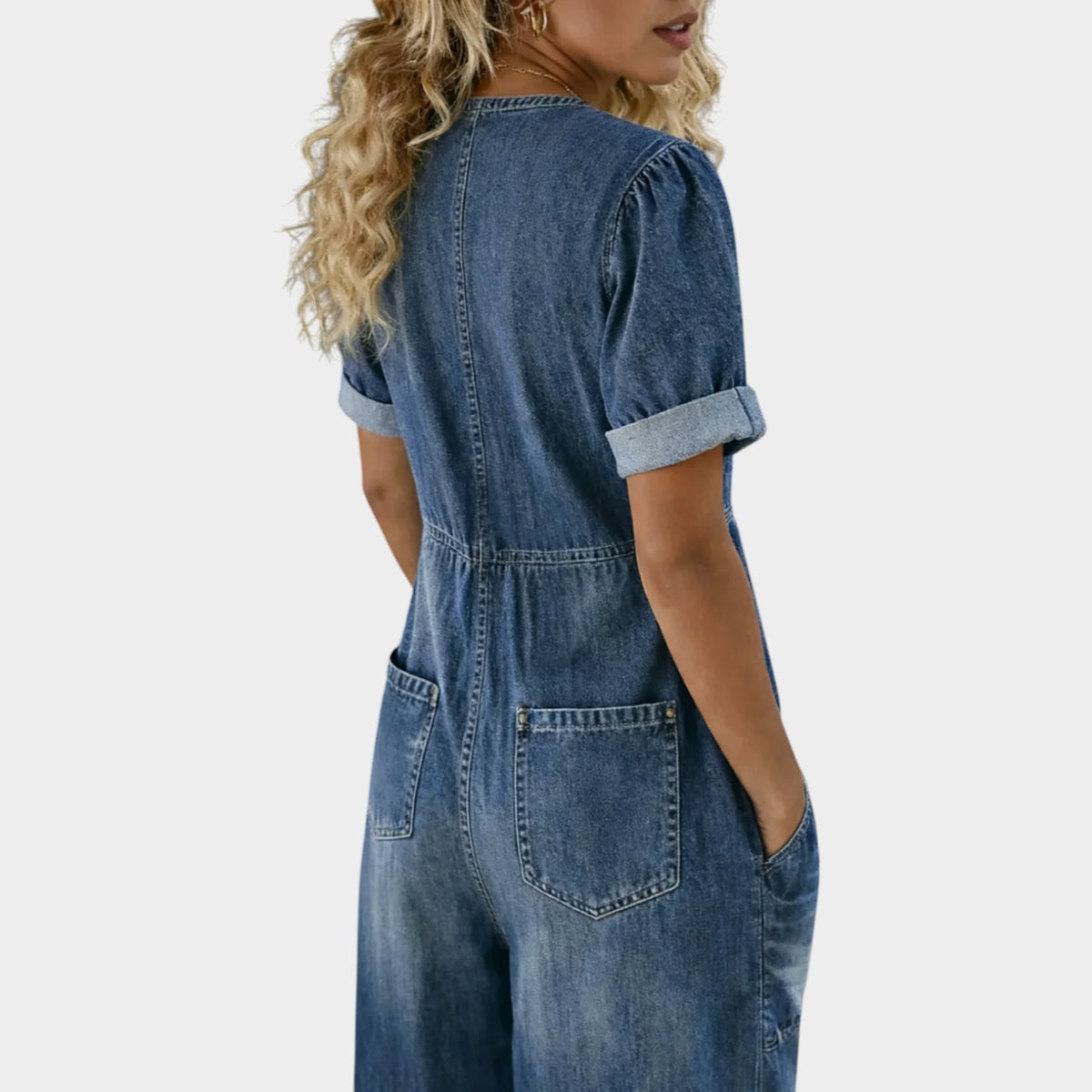 Women’s Denim V-Neck Jumpsuit with Short Sleeves and Wide Legs