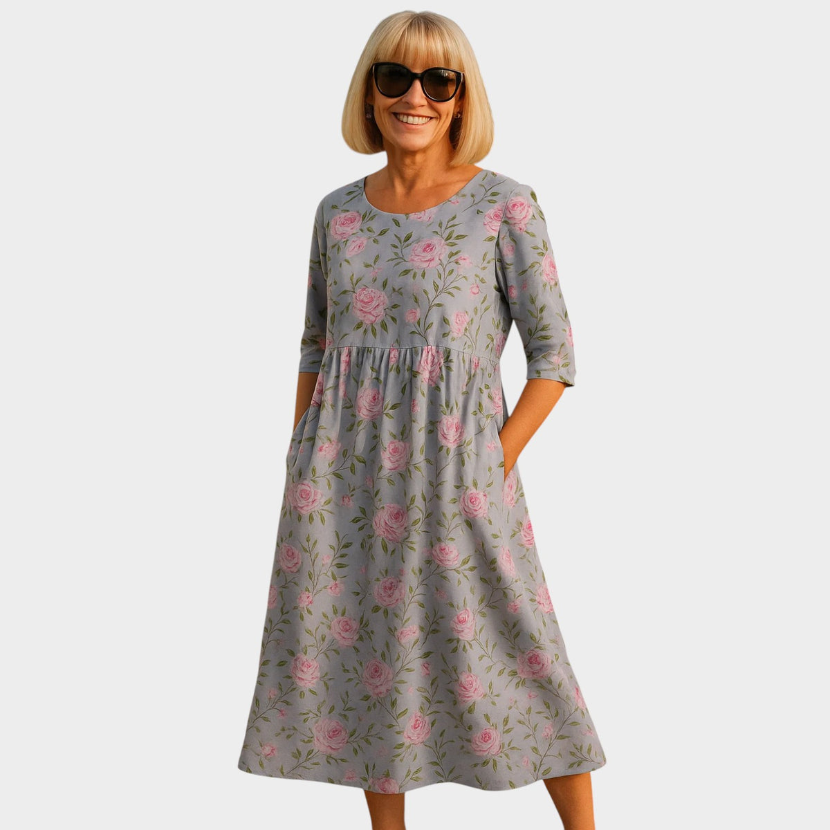 Women’s Floral Midi Dress with Round Neck, ¾ Sleeves and Side Pockets
