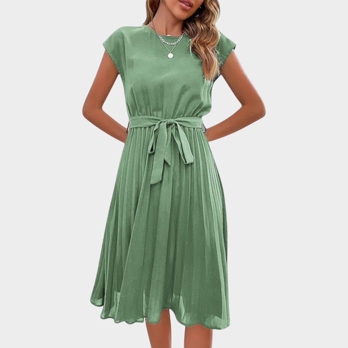 Women’s Pleated Midi Dress with Short Sleeves and Waist Tie