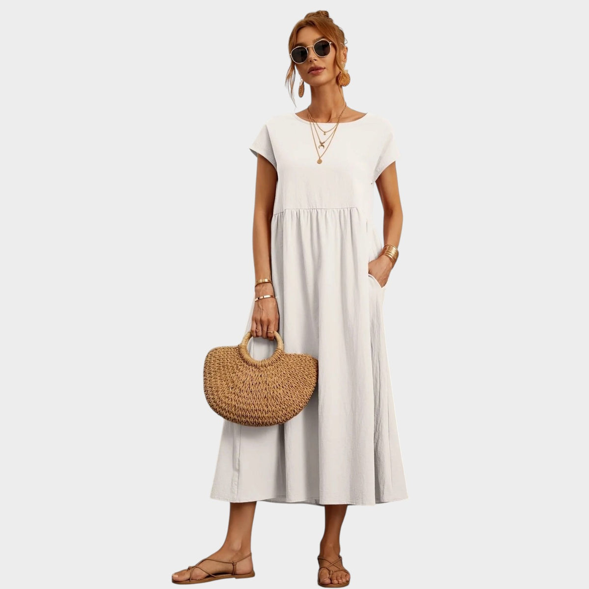 Women’s Round Neck Midi Dress with Short Sleeves and Side Pockets