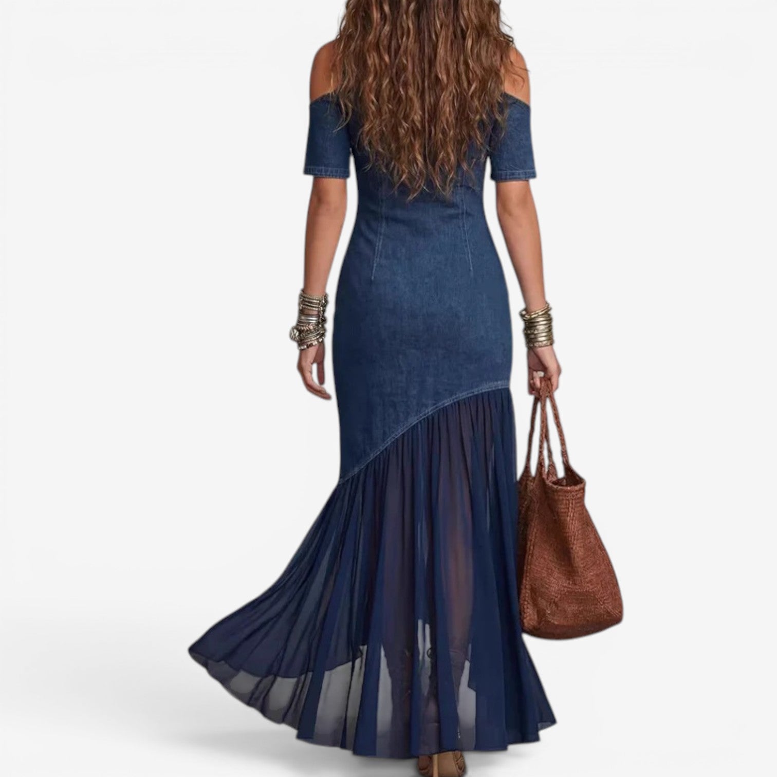 Denim Cold-Shoulder Maxi Dress