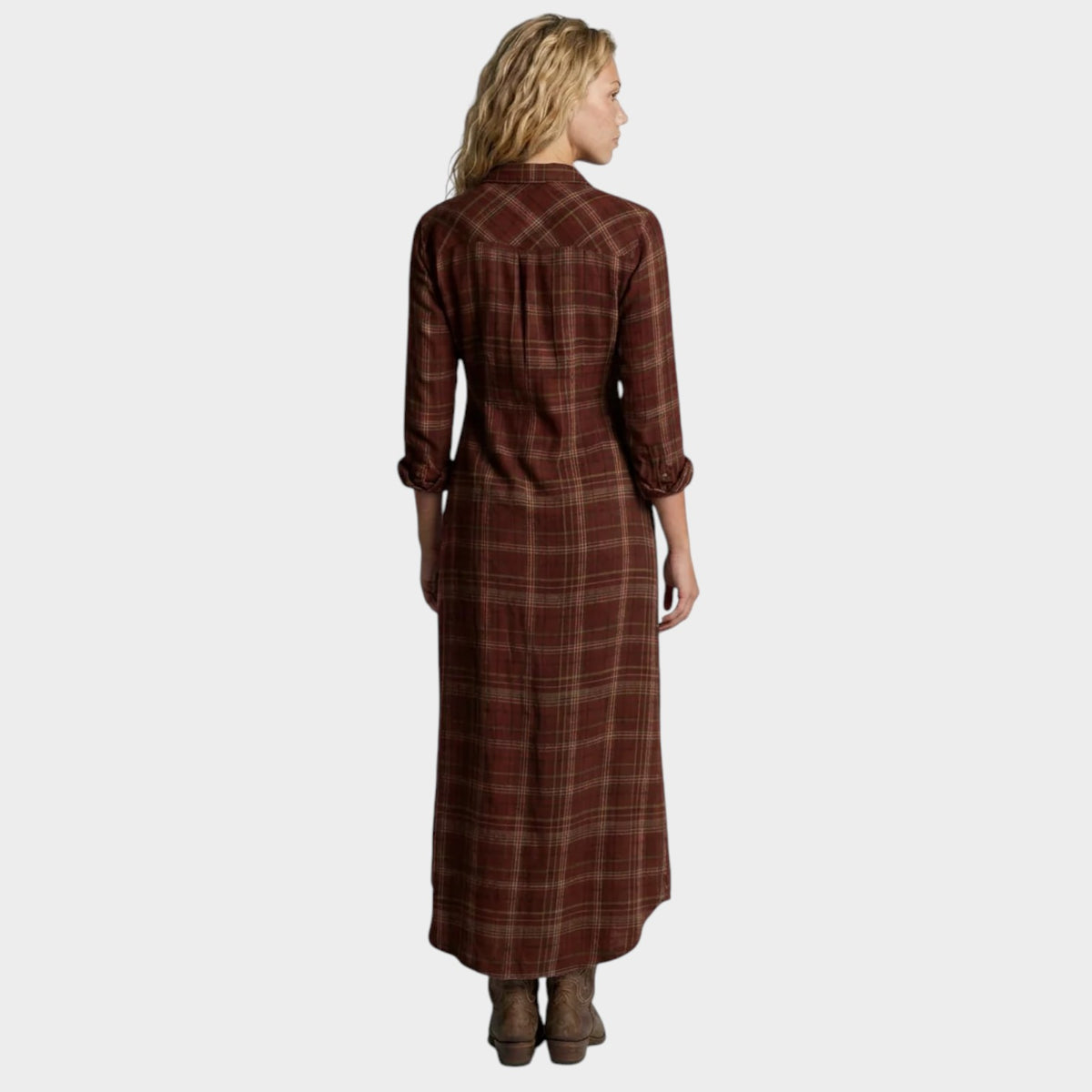 Women’s Plaid Shirt Maxi Dress with Button Front and Long Sleeves