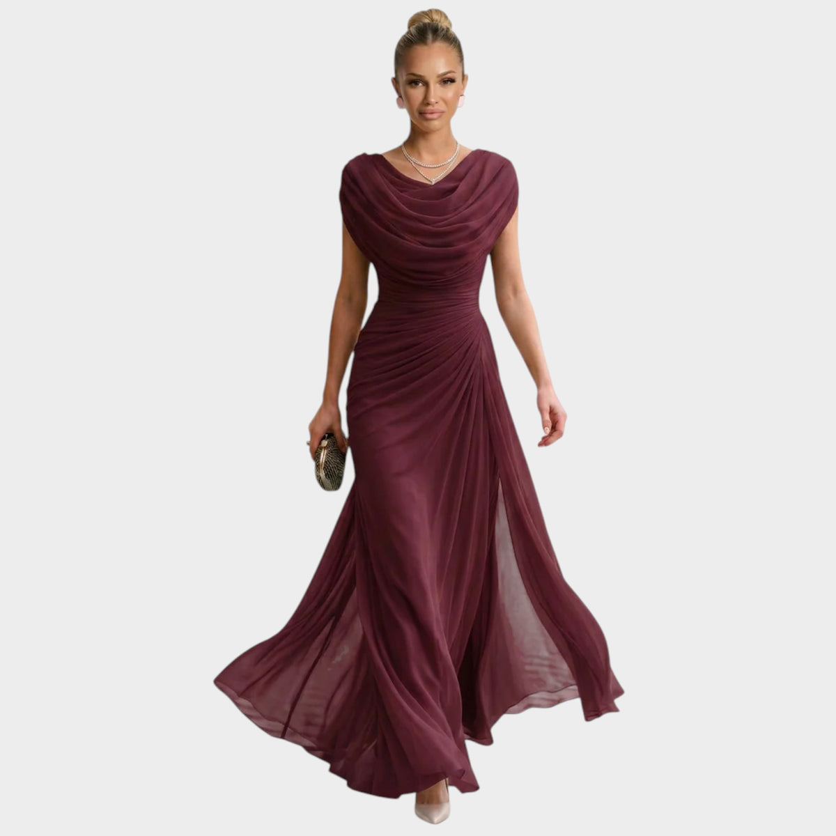 Women’s Maxi Dress with Draped Cowl Neck Ruched Waist