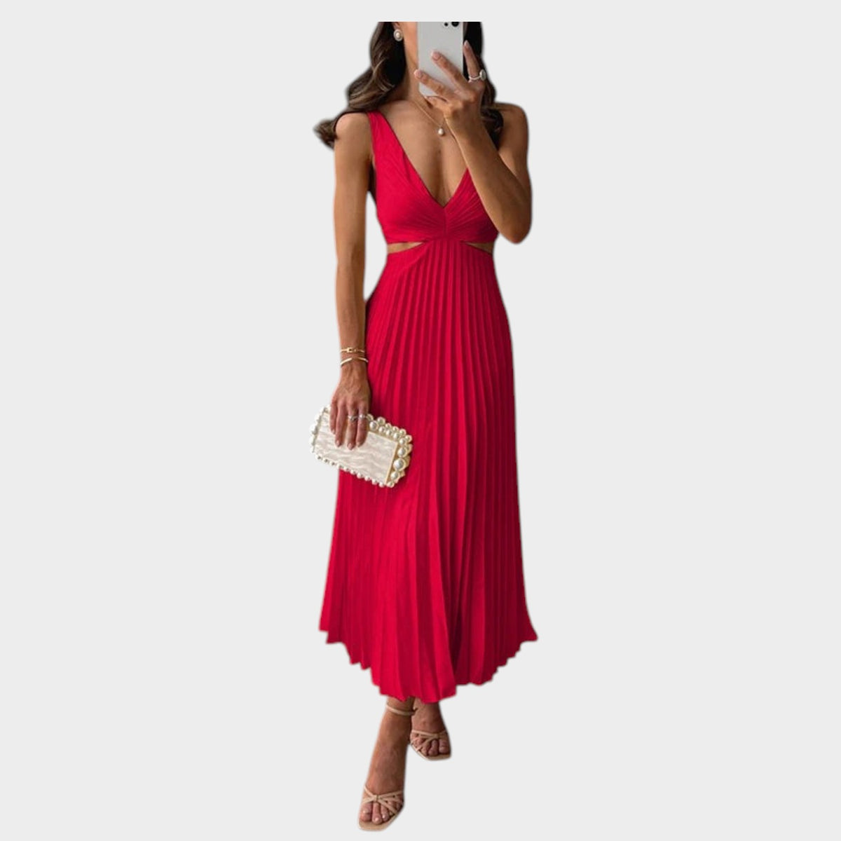 Women’s Pleated Maxi Dress Sleeveless V-Neck Ruched Waist