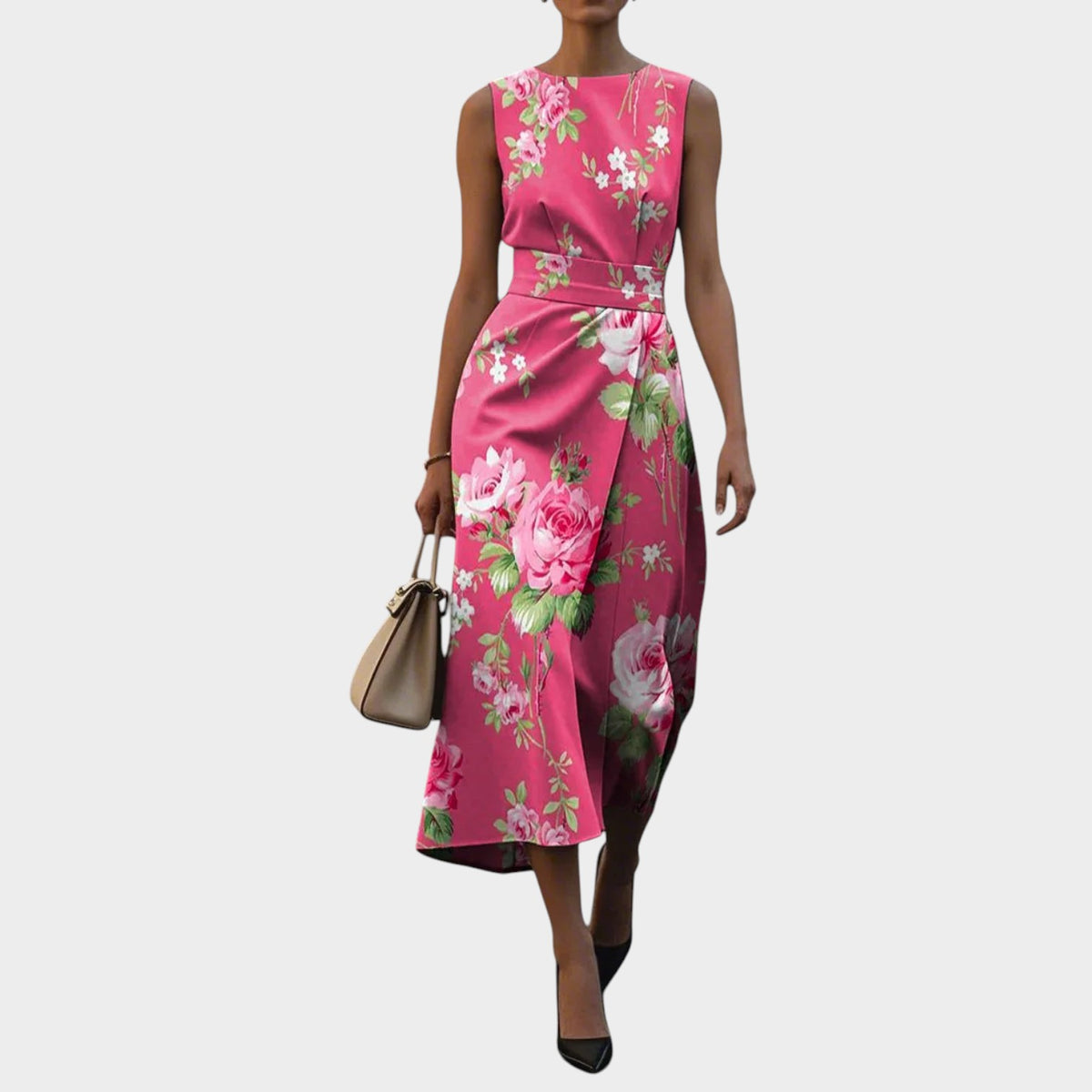 Women’s Sleeveless Midi Dress with Floral Pattern and Waist Detail