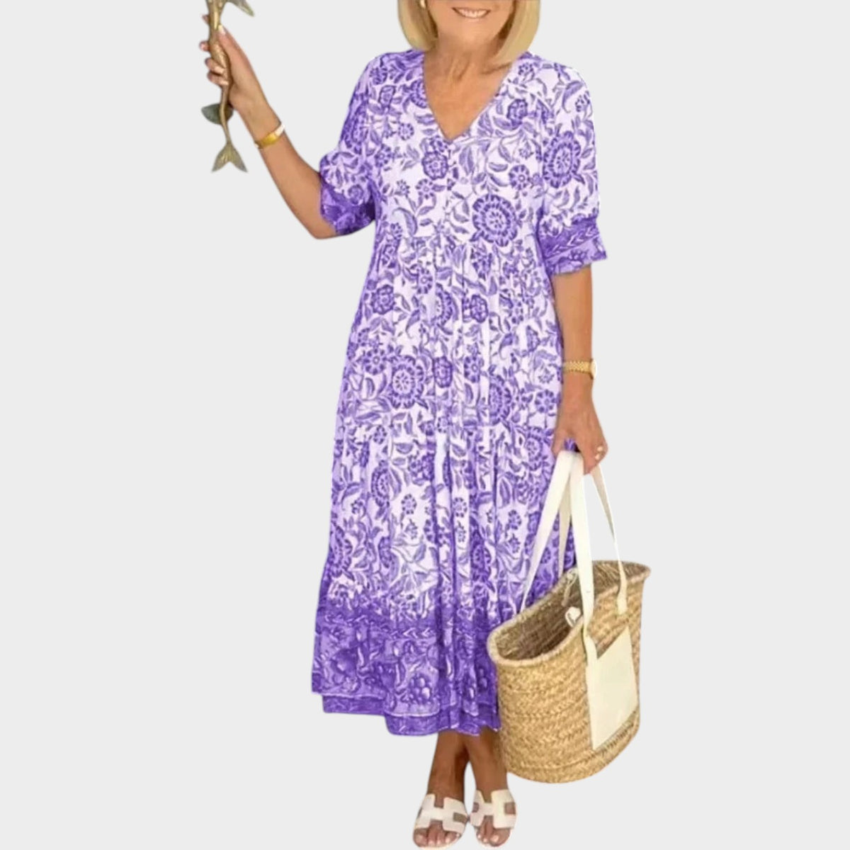 Women’s Floral Maxi Dress with V-Neckline and Relaxed Fit