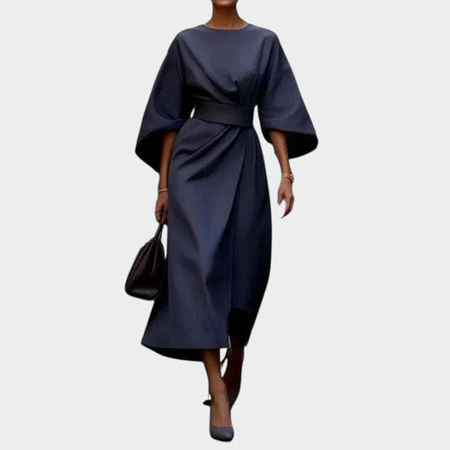 Women’s Satin Maxi Dress with Kimono Sleeves and Defined Waist