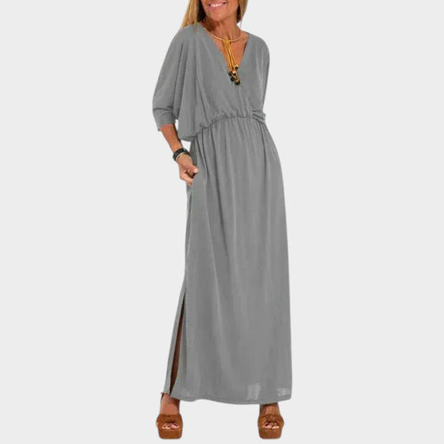 Women’s Vintage Maxi Dress with V-Neckline, Three-Quarter Sleeves and Side Slit