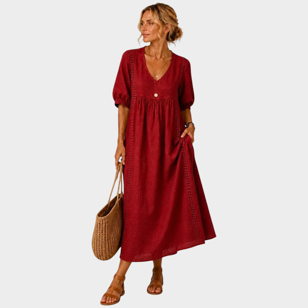 Women’s V-Neck Maxi Dress with Puff Sleeves and Lace Trim
