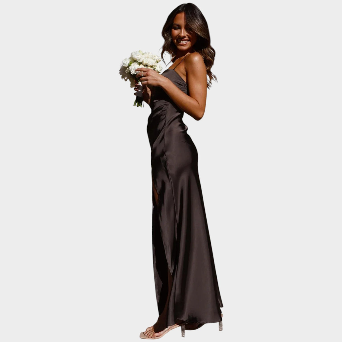 Women’s Satin Maxi Dress with Square Neckline, Spaghetti Straps and Side Slit