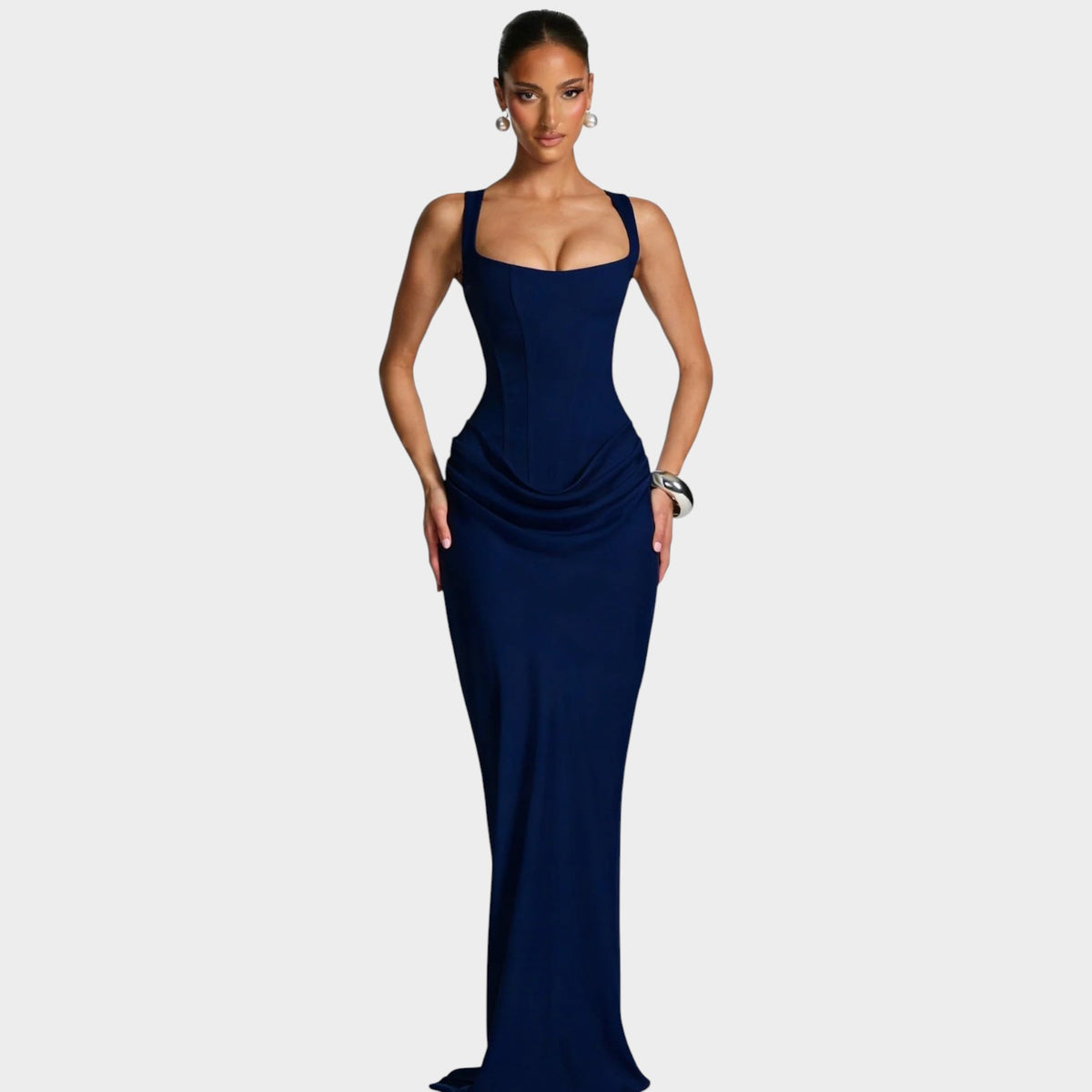 Women’s Sleeveless Maxi Evening Dress with Square Neckline and Draped Skirt