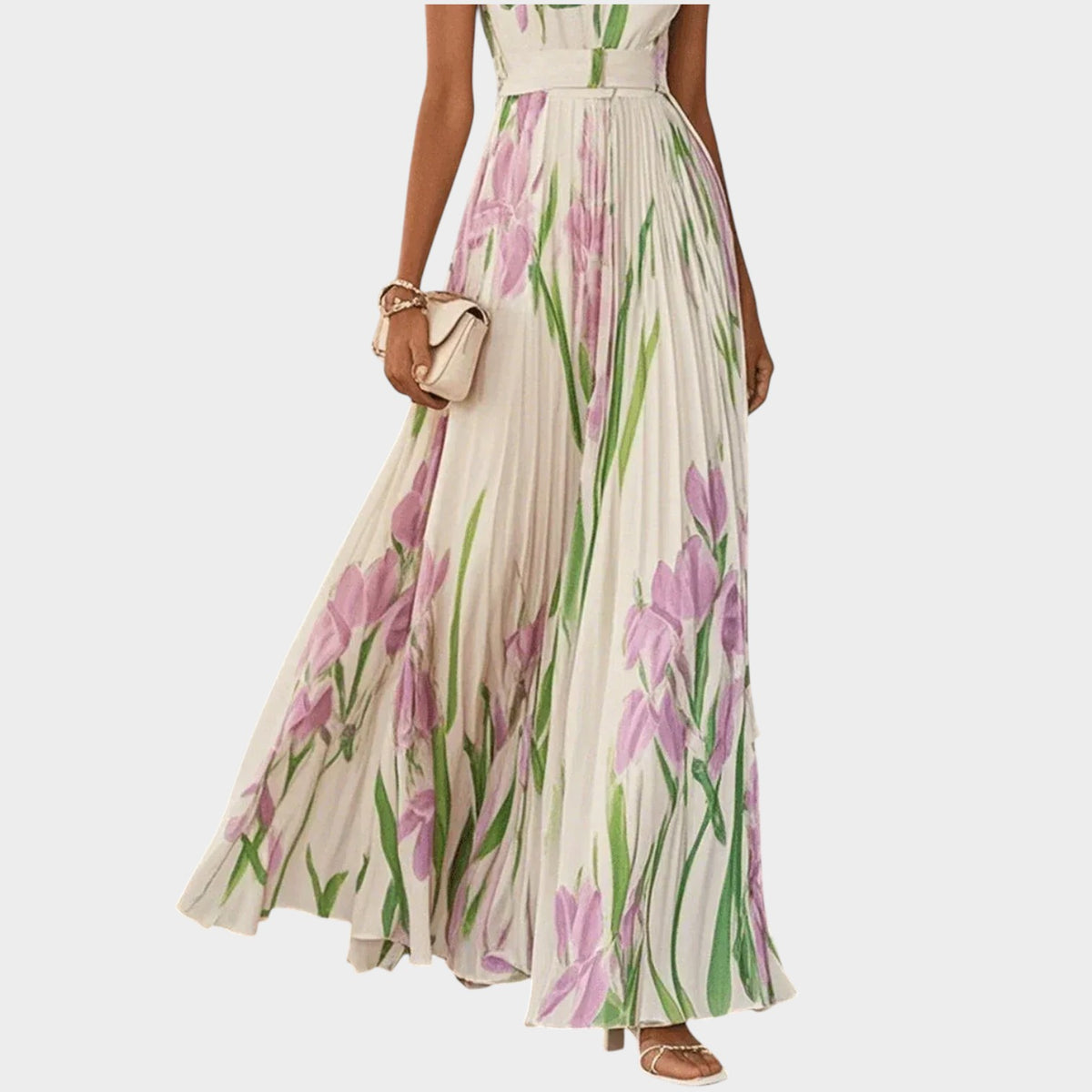 Women’s Floral Pleated Maxi Dress with Square Neckline and Wide Straps