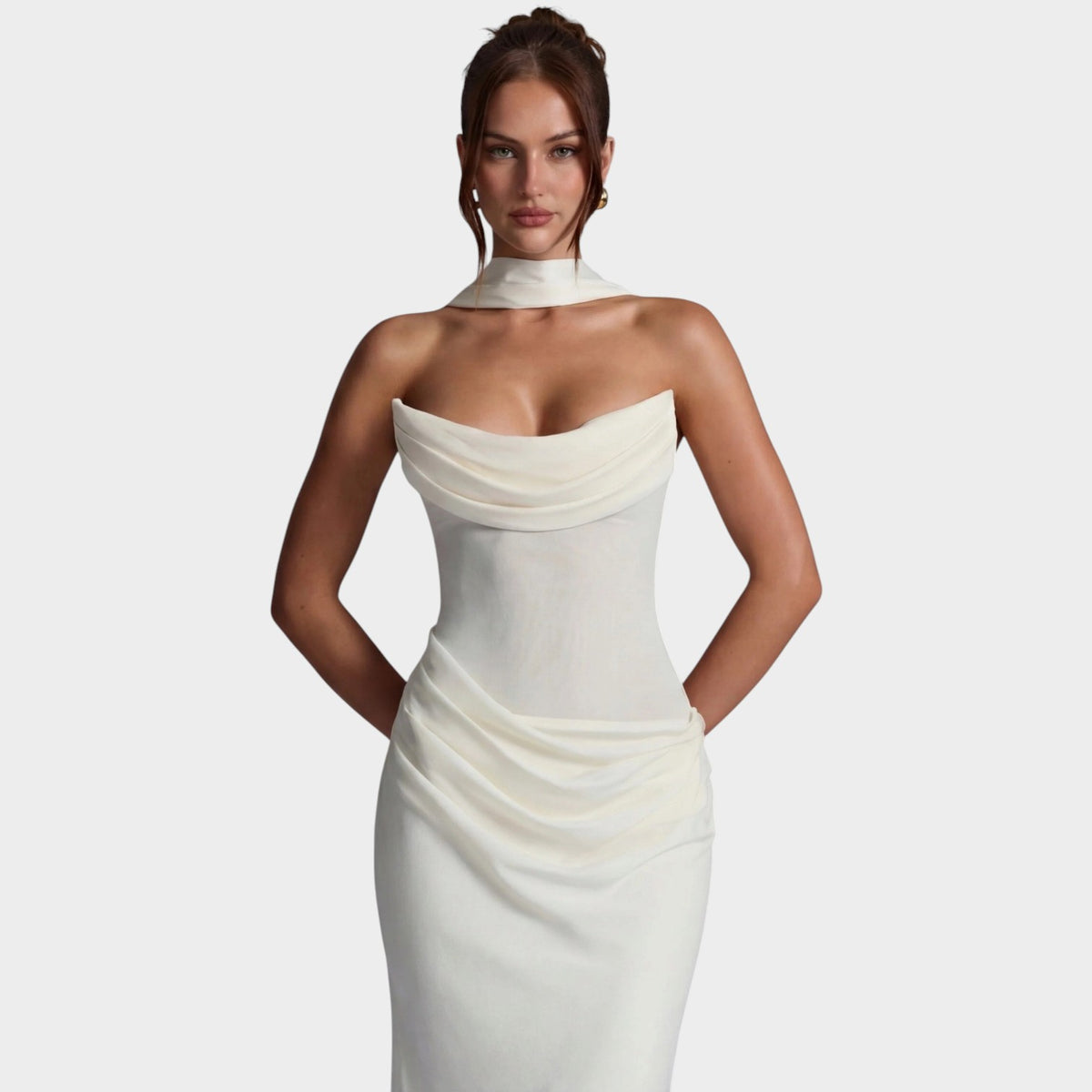 Women’s Draped Maxi Evening Dress with Strapless Neckline and Matching Scarf Detail