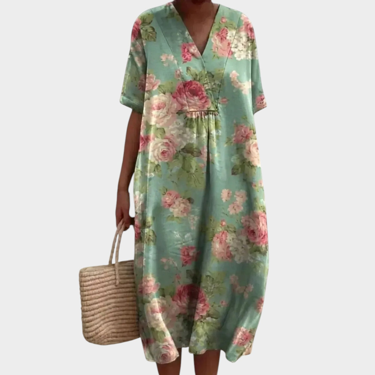 Women’s Floral Print Midi Dress with V-Neck and Short Sleeves