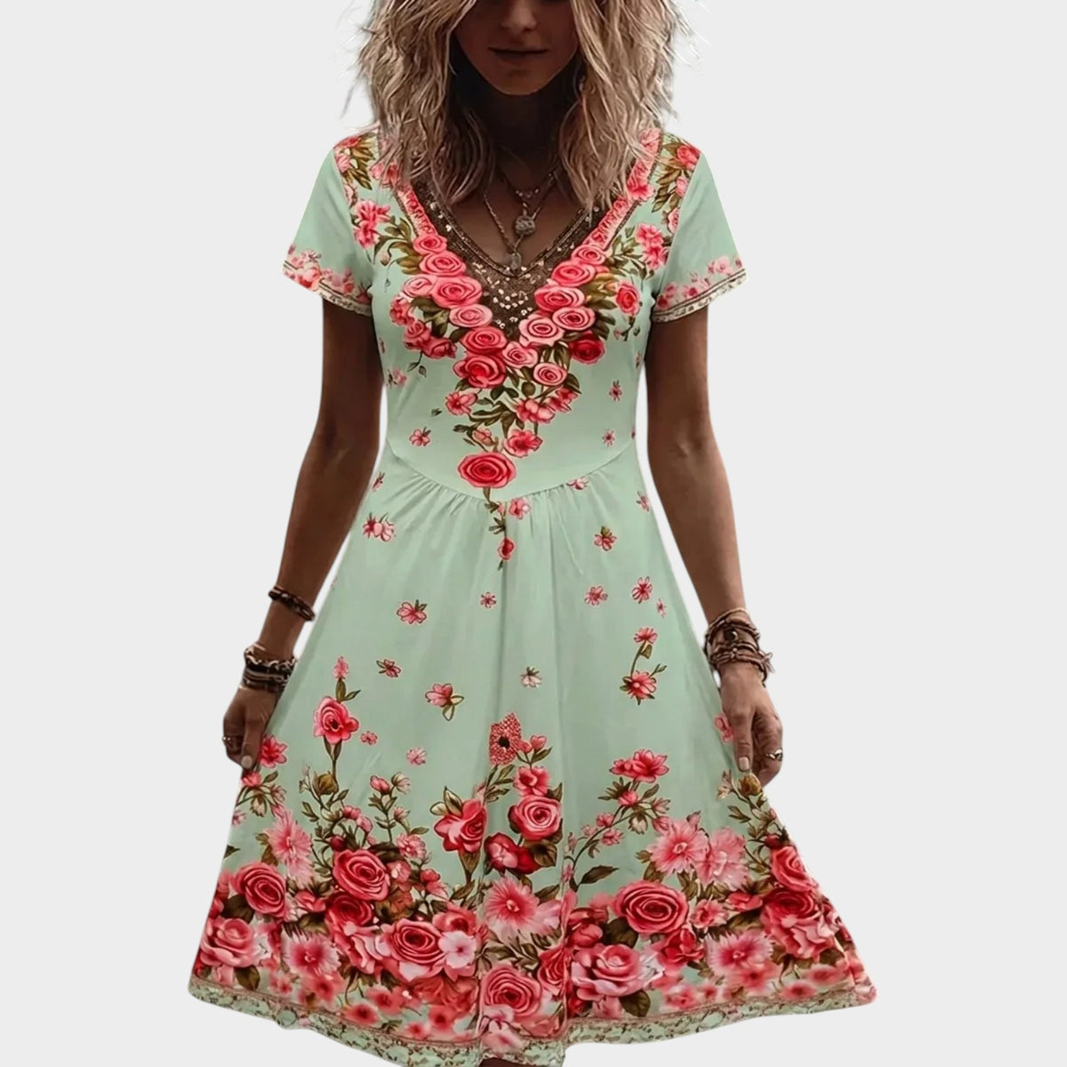 Women’s Floral V-Neck Midi Dress with Short Sleeves