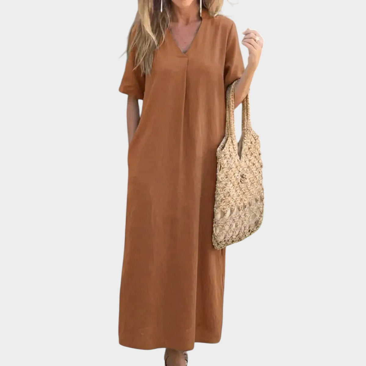Women’s Cotton and Linen Maxi Dress with V-Neck and Short Sleeves