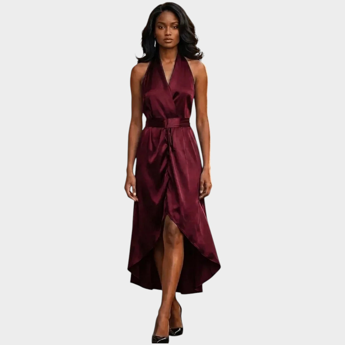 Women’s Formal Maxi Dress with Wrap Waist and High-Low Hem