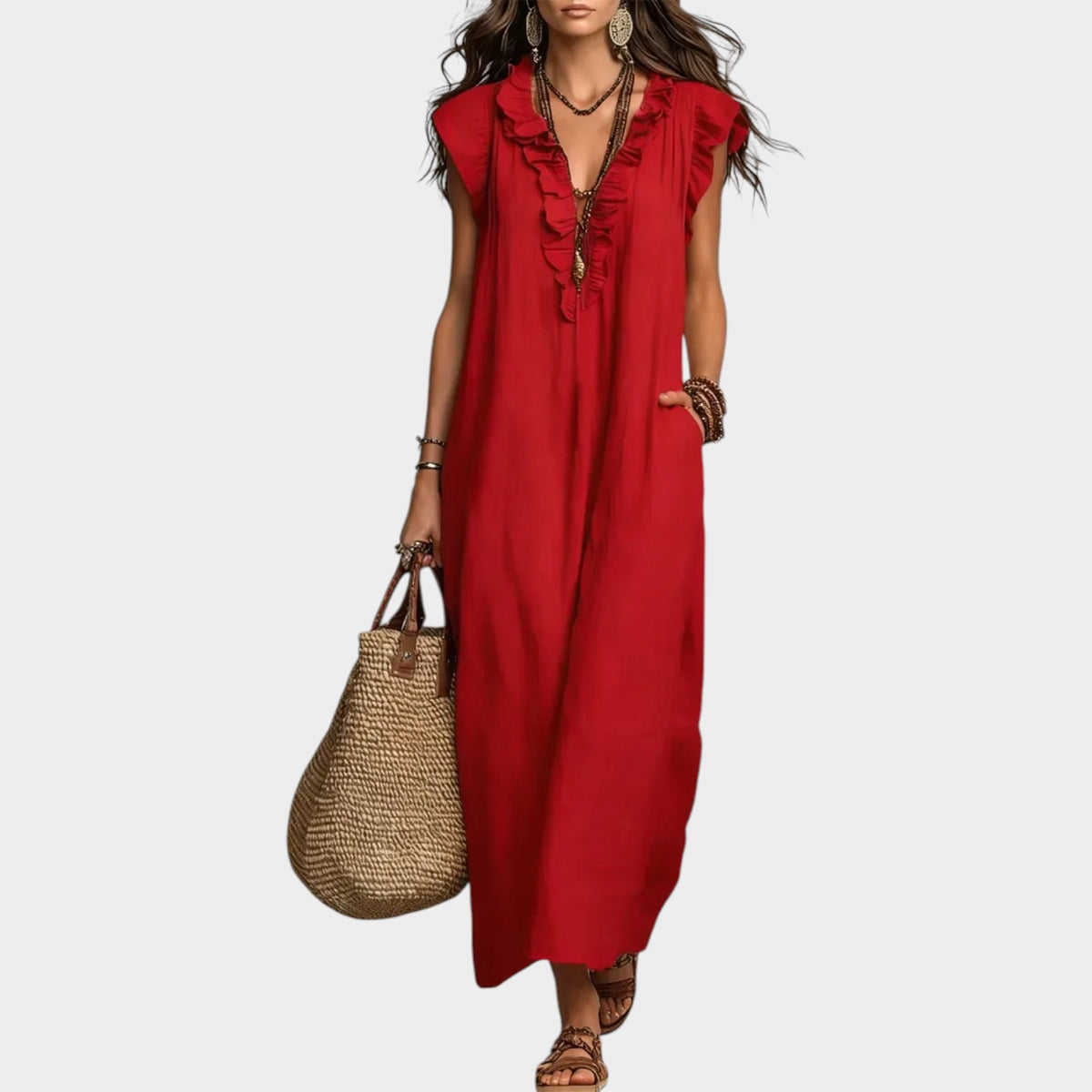 Women’s Linen Maxi Dress with Ruffle V-Neck and Sleeveless Design