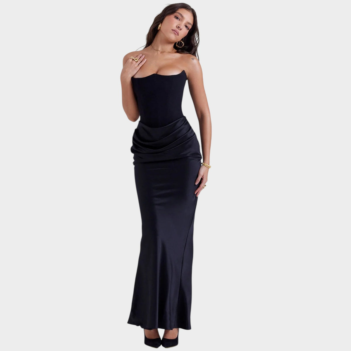 Women’s Strapless Corset Maxi Dress with Draped Waist and Fitted Silhouette