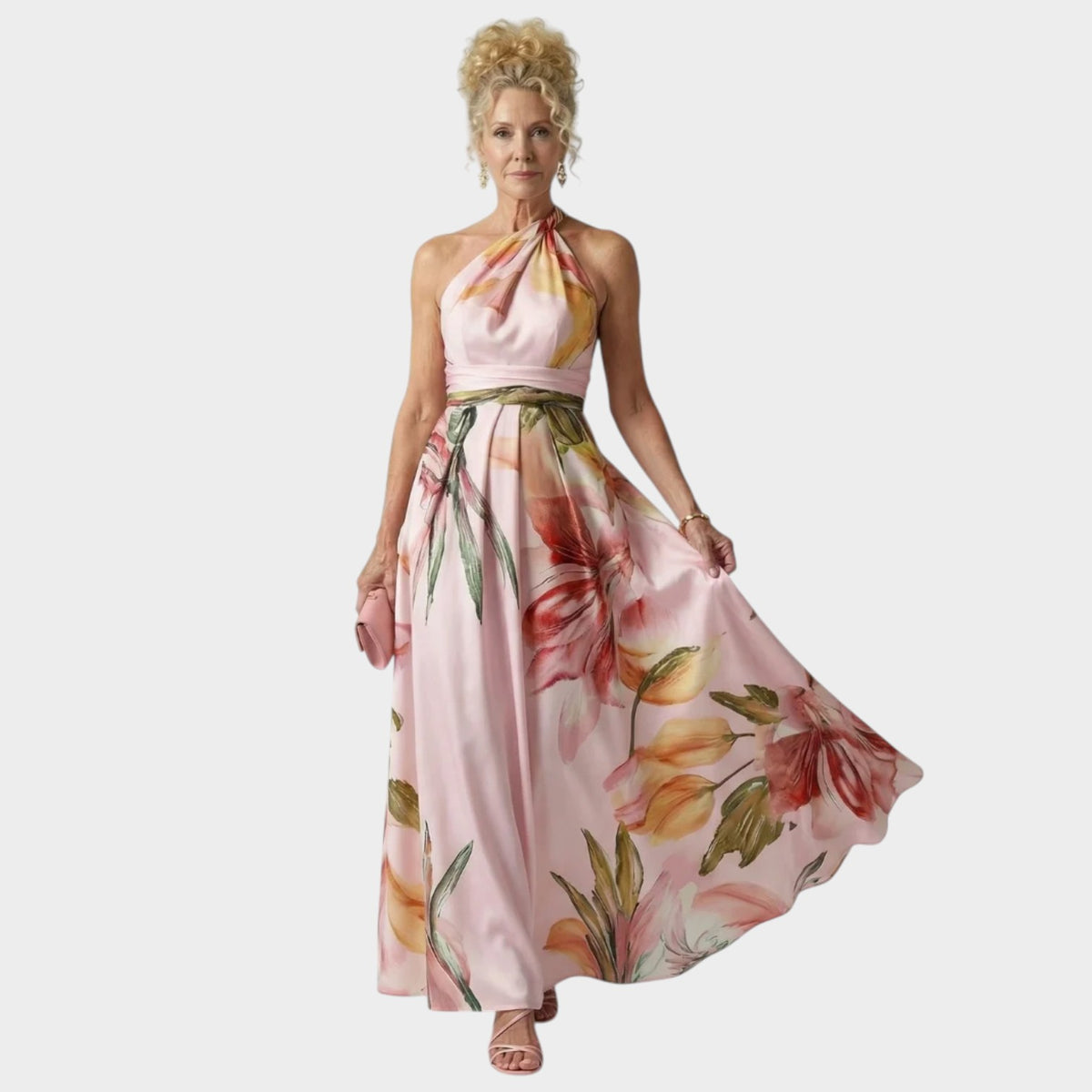 Women’s Floral Maxi Dress with Halter Neckline and Defined Waist