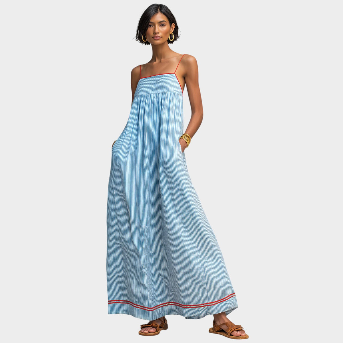 Women’s Striped Maxi Dress with Spaghetti Straps and Red Trim