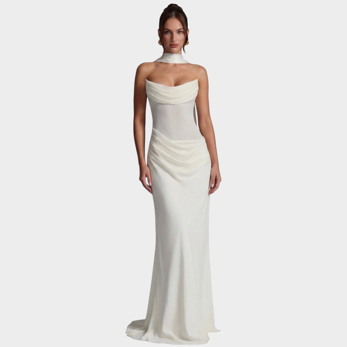 Women’s Draped Maxi Evening Dress with Strapless Neckline and Matching Scarf Detail