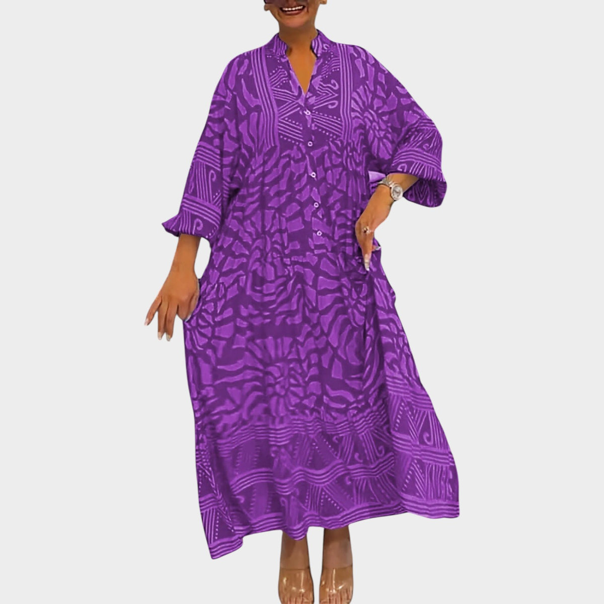 Women’s Floral Print Midi Dress with V-Neck and Long Sleeves