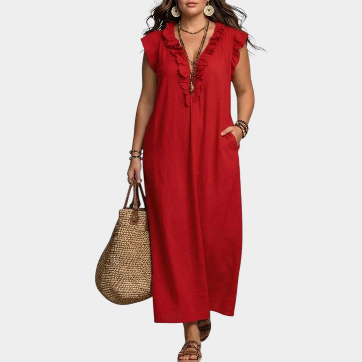 Women’s Linen Maxi Dress with Ruffle V-Neck and Sleeveless Design