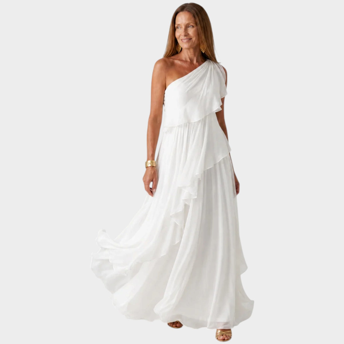 Women’s One-Shoulder Maxi Dress with Cascading Ruffles and Defined Waist