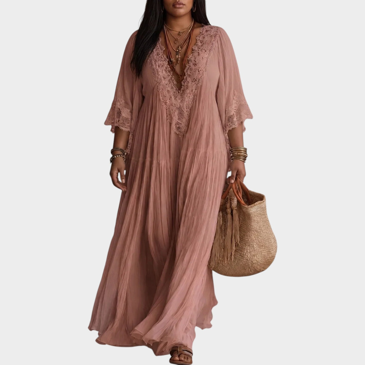 Women’s Lace Trim Maxi Dress with Deep V-Neck and Batwing Sleeves