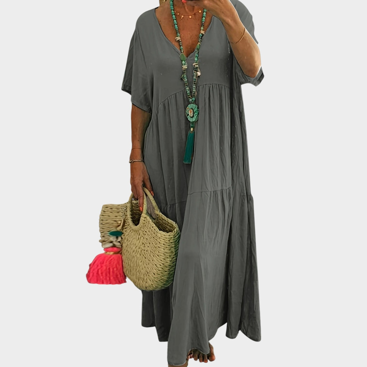 Women's Plus Size Maxi Dress with Short Sleeves and Layered Ruffle Hem