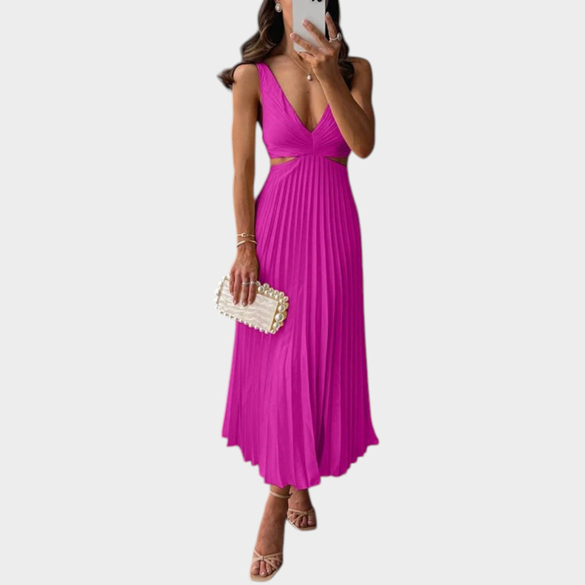 Women’s Pleated Maxi Dress Sleeveless V-Neck Ruched Waist