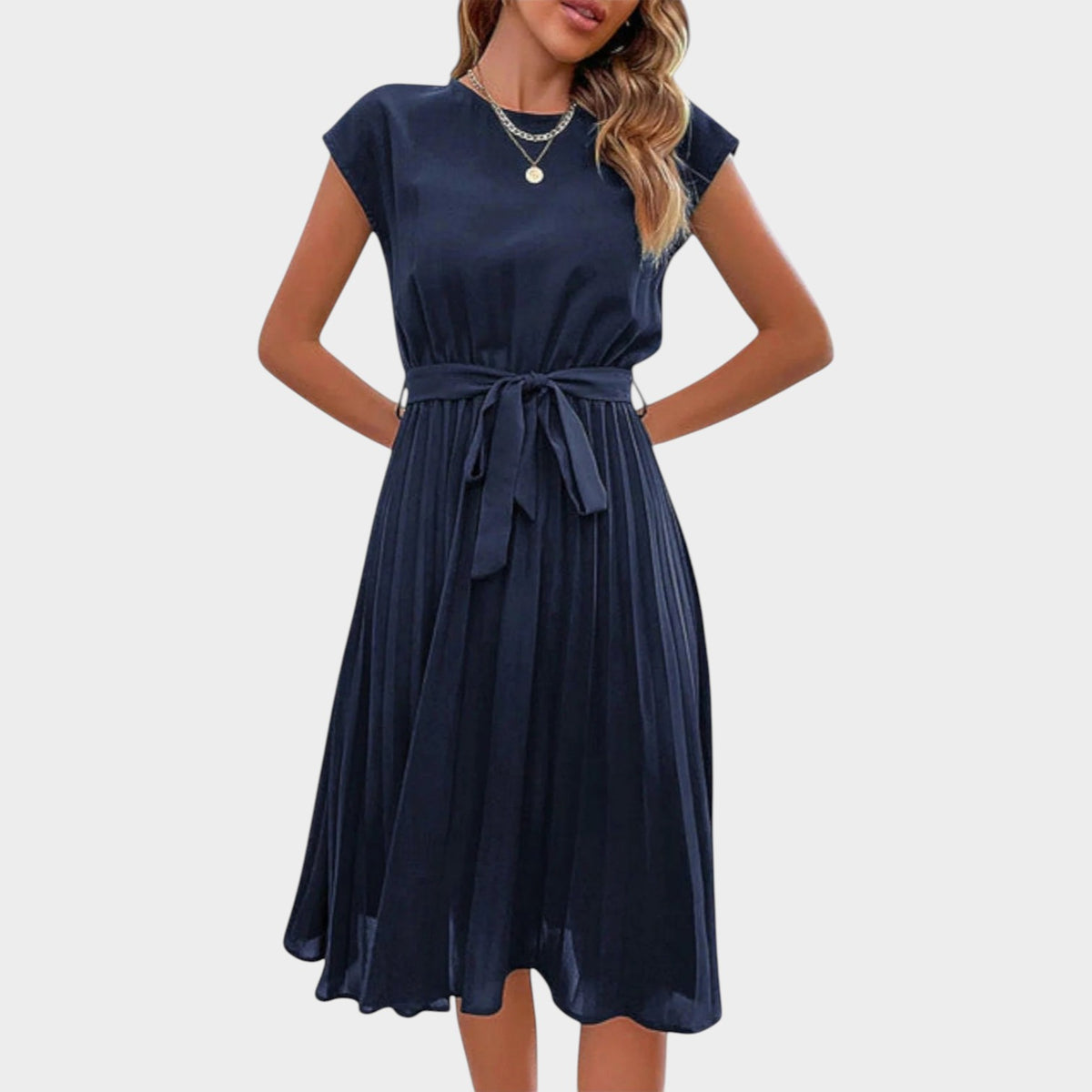 Women’s Pleated Midi Dress with Short Sleeves and Waist Tie