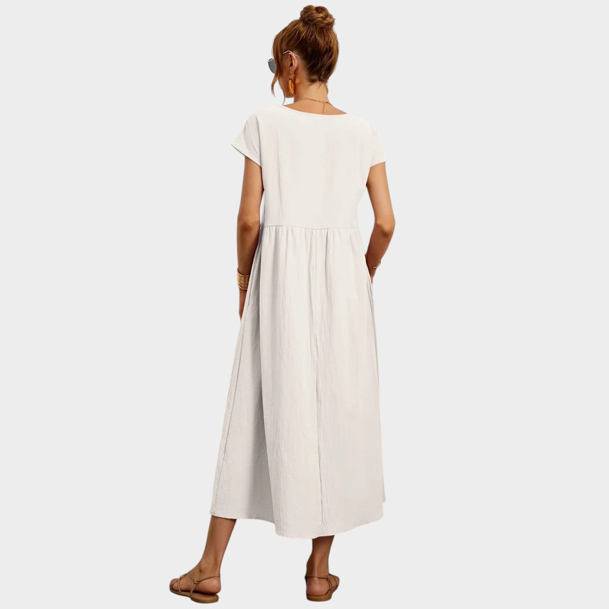 Women’s Round Neck Midi Dress with Short Sleeves and Side Pockets