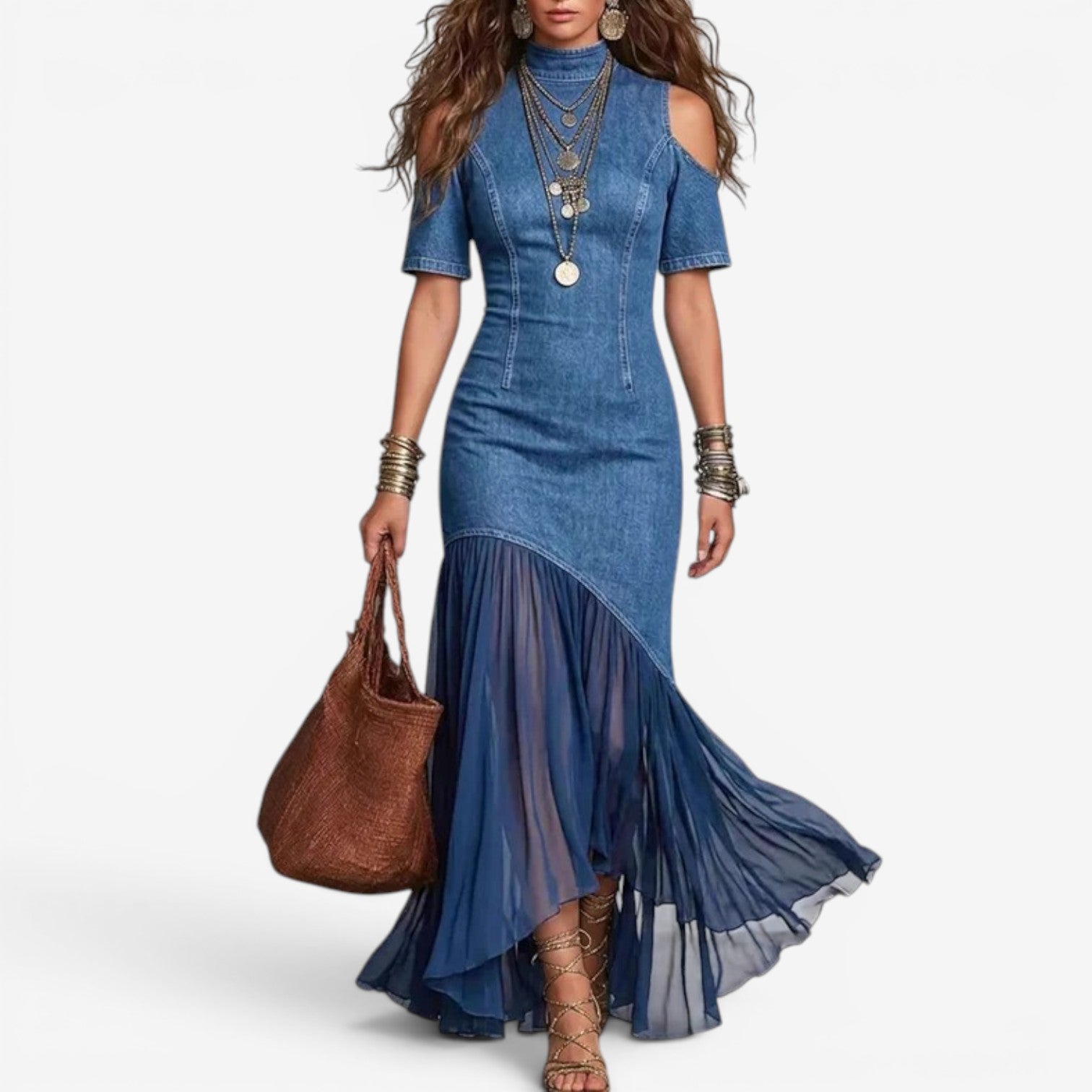 Denim Cold-Shoulder Maxi Dress