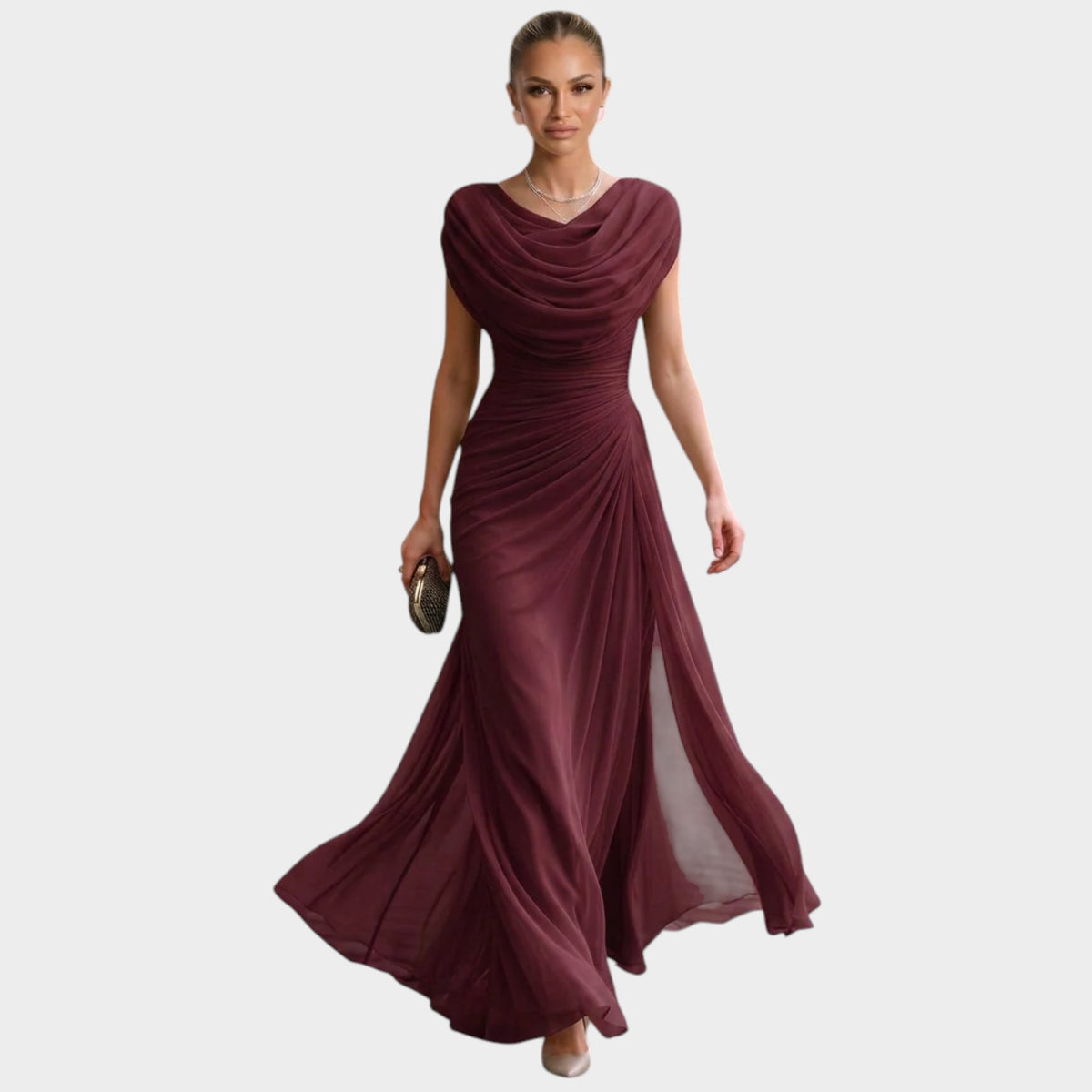 Women’s Maxi Dress with Draped Cowl Neck Ruched Waist