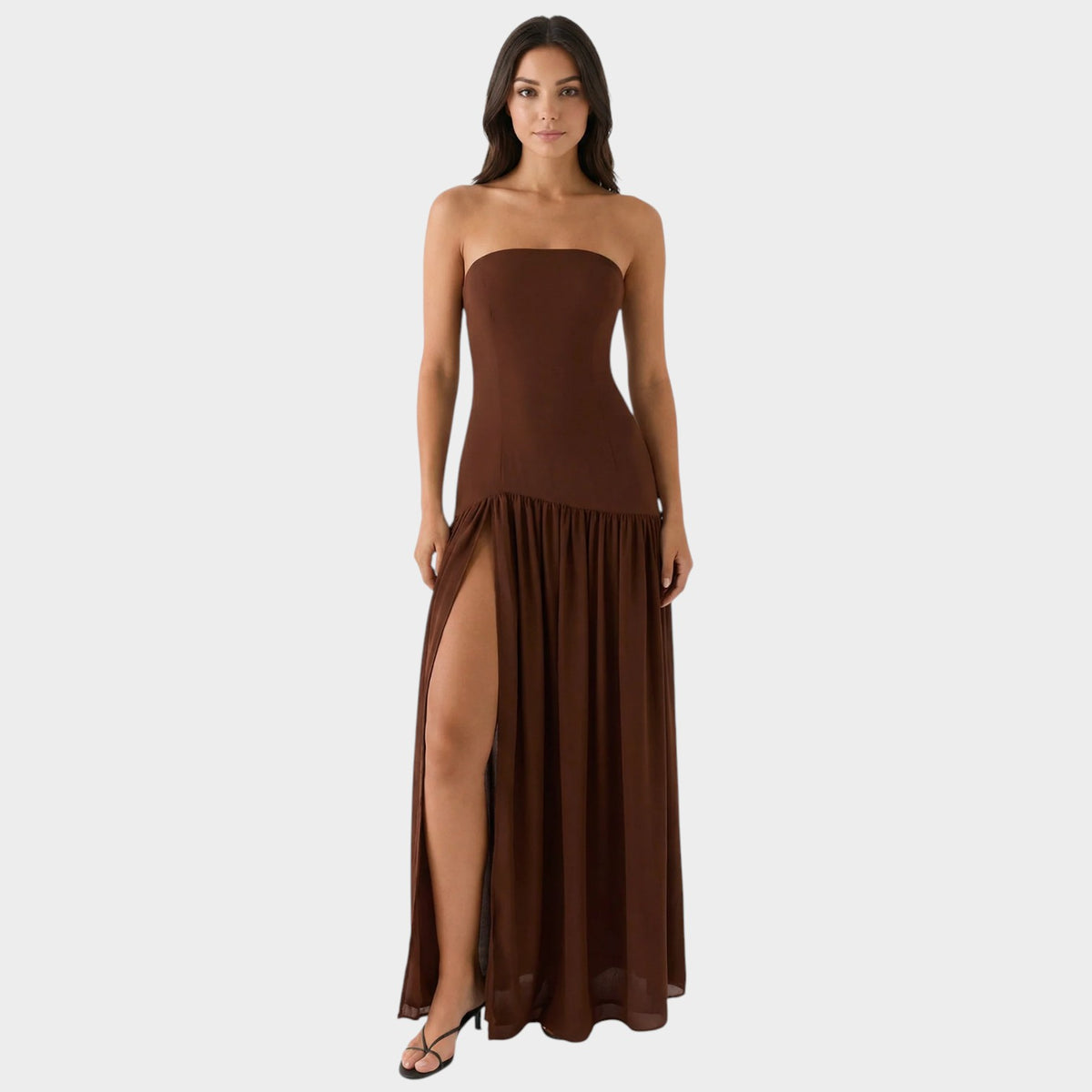 Women’s Strapless Maxi Dress with Gathered Skirt and Side Slit