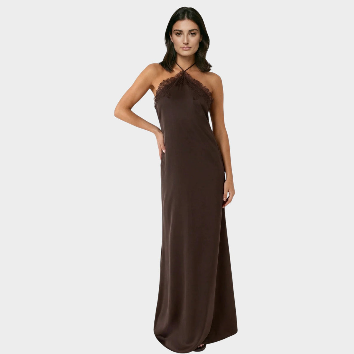 Women’s Halter Neck Maxi Dress with Lace Trim and Open Back
