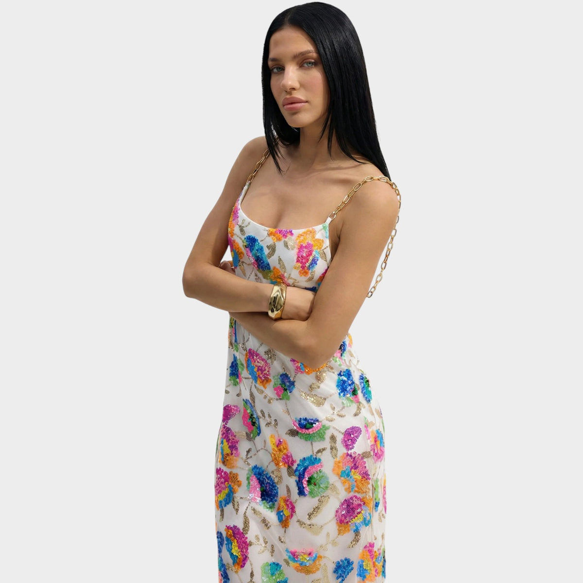 Women’s Floral Sequin Maxi Dress with Gold Chain Straps Open Back