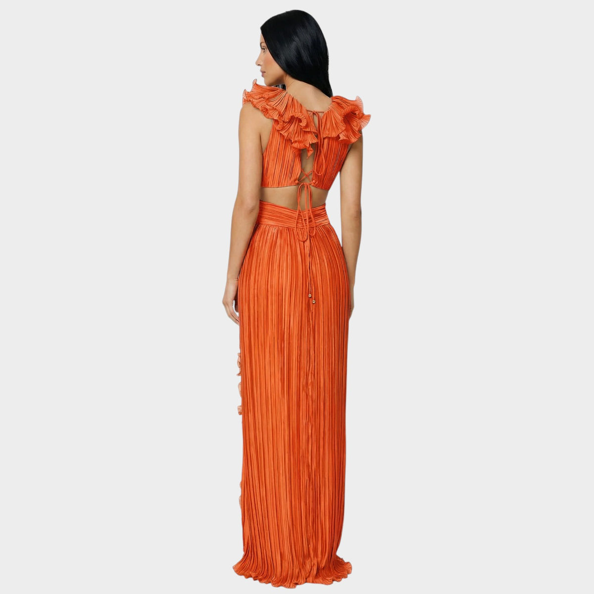 Women’s Pleated Maxi Dress with Deep V-Neck, Waist Cut-Outs and Ruffle Trim