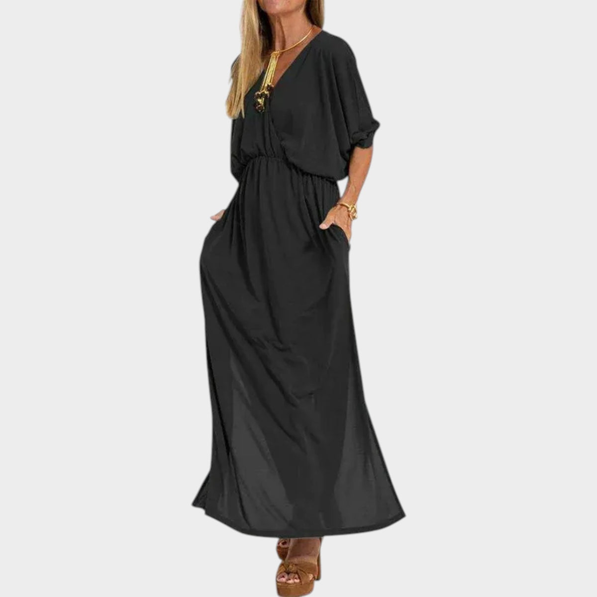Women’s Vintage Maxi Dress with V-Neckline, Three-Quarter Sleeves and Side Slit