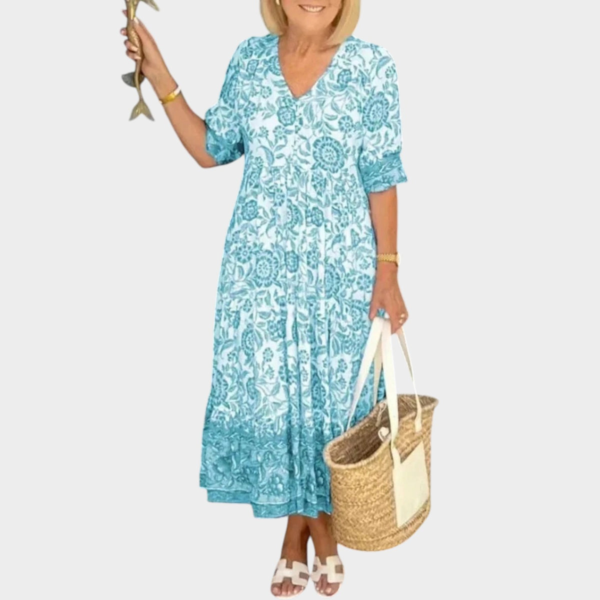 Women’s Floral Maxi Dress with V-Neckline and Relaxed Fit
