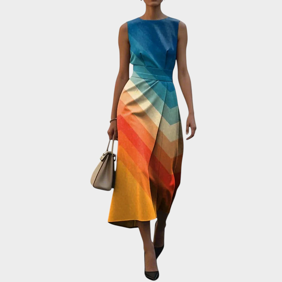 Women’s Sleeveless Midi Dress with Floral Pattern and Waist Detail