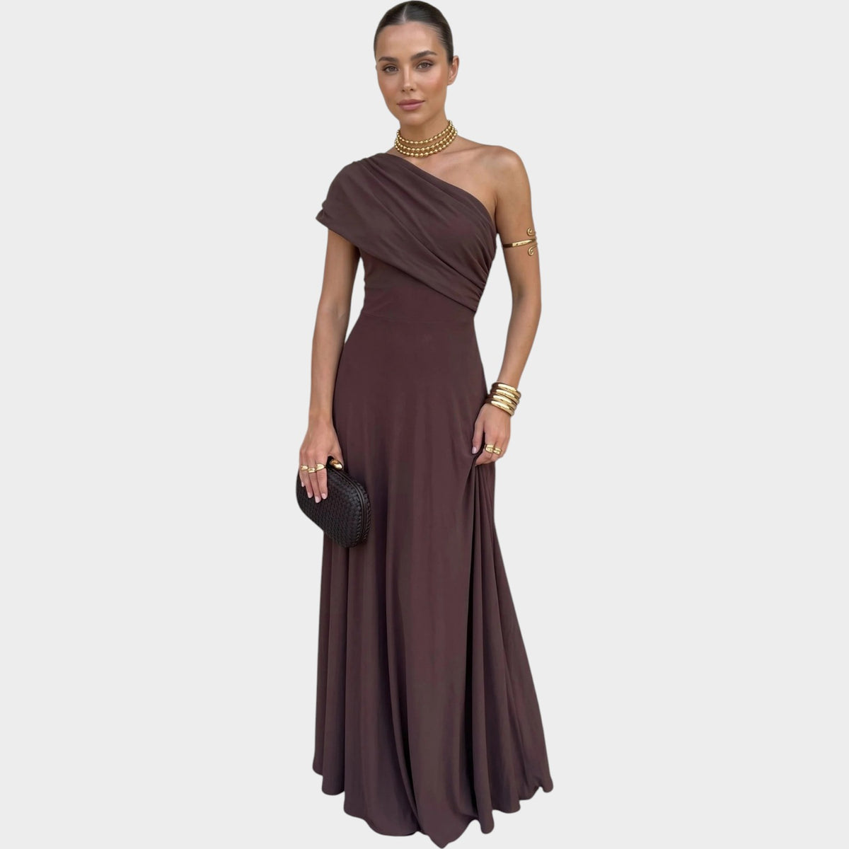 Women’s Off-Shoulder Maxi Dress with Draped Neckline and Flowing Skirt